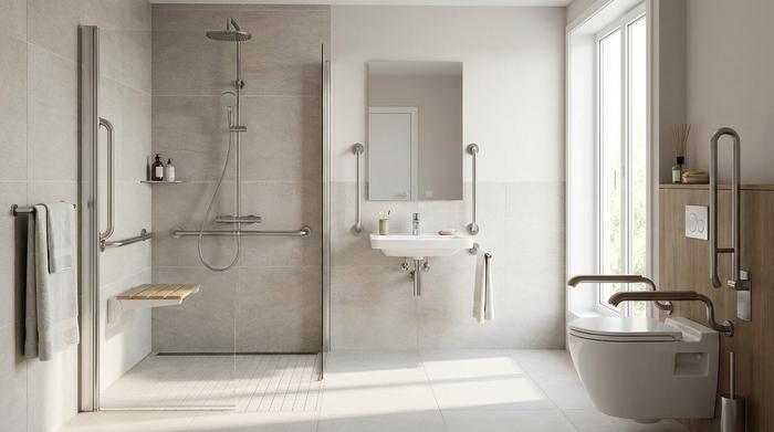 Ein modernes, barrierefreies Badezimmer mit einer ebenerdigen Dusche, rutschfesten Fliesen und stabilen Haltegriffen an den Wänden. Helles, sauberes und sicheres Umfeld für Senioren.