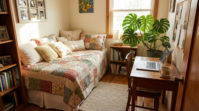 Ein gemütlich eingerichtetes Gästezimmer für eine Betreuungskraft mit einem bequemen Bett, einem kleinen Schreibtisch, einer Pflanze und einem Laptop. Einladende, freundliche und ordentliche Raumgestaltung.