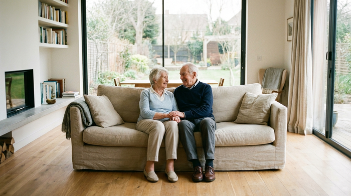 Ein älteres Ehepaar sitzt entspannt auf einem beigen Sofa in einem modernen Wohnzimmer, während sie sich liebevoll an den Händen halten. Sanftes Tageslicht fällt durch das große Fenster.