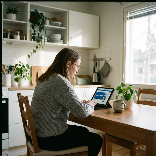 Eine junge Frau sitzt mit einem Tablet am Esstisch in einer aufgeräumten Küche und schaut sich konzentriert ein Lernvideo an. Eine Tasse Kaffee steht daneben.