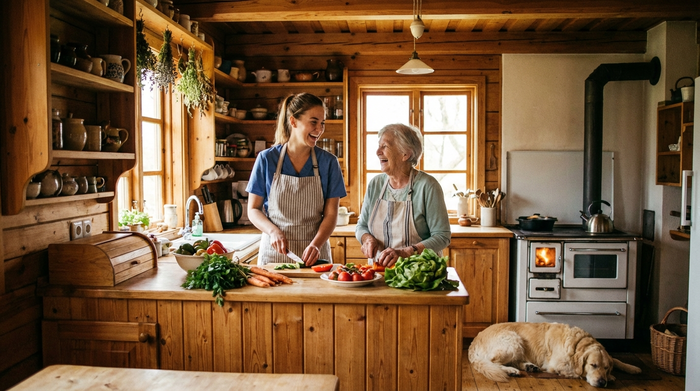 Eine freundliche, junge Betreuungskraft kocht gemeinsam mit einer älteren Dame in einer gemütlichen Holzküche. Beide lachen herzlich miteinander beim Schneiden von Gemüse.