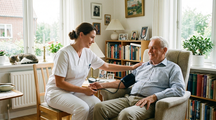 Eine einfühlsame Pflegekraft in weißer Uniform misst den Blutdruck eines entspannten älteren Herrn in einem hellen, aufgeräumten Wohnzimmer. Realistische Darstellung, Tageslicht, positive Stimmung, ohne Text.
