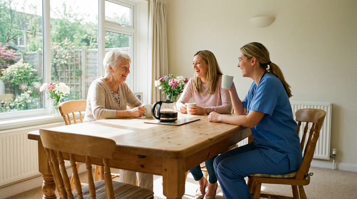 Eine lächelnde ältere Frau sitzt am Esstisch, während ihre erwachsene Tochter und eine Pflegekraft in Arbeitskleidung gemeinsam eine Tasse Kaffee trinken. Harmonische Atmosphäre, saubere Umgebung, fotorealistisch.