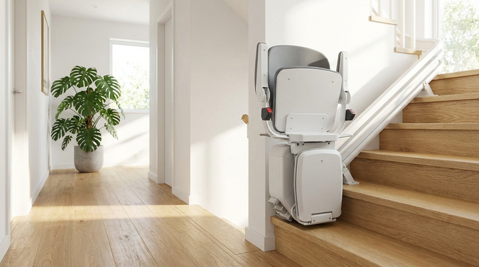 Ein moderner, sauberer Treppenlift an einer Holztreppe in einem gut beleuchteten Einfamilienhaus. Im Hintergrund ein heller Flur mit einer großen Zimmerpflanze. Fotorealistisch, keine Labels oder Text.