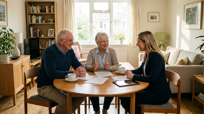 Ein älteres Ehepaar sitzt mit einer freundlichen Beraterin an einem runden Holztisch und bespricht Dokumente. Helles Tageslicht, ordentliches Wohnzimmer, vertrauensvolle Atmosphäre, keine lesbaren Schriften.