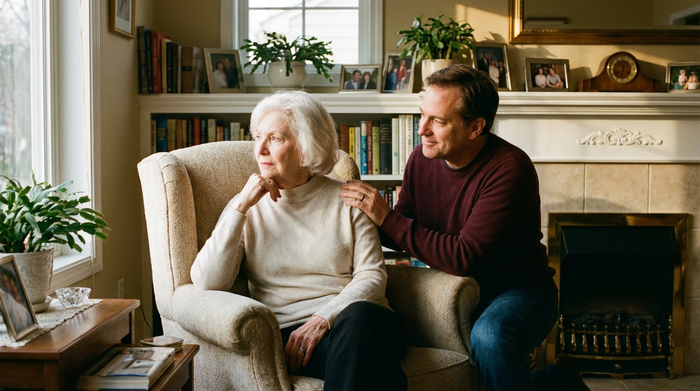 Eine nachdenkliche ältere Dame sitzt in einem gemütlichen Sessel in ihrem Wohnzimmer, während ihr erwachsener Sohn beruhigend eine Hand auf ihre Schulter legt. Die Stimmung ist emotional, aber von gegenseitigem Verständnis geprägt.