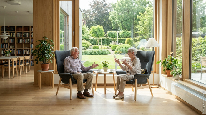 Ein heller, moderner Gemeinschaftsraum in einer Pflegeeinrichtung. Bequeme Sessel, große Fenster mit Blick in einen gepflegten Garten. Zwei Senioren unterhalten sich angeregt bei einer Tasse Kaffee.
