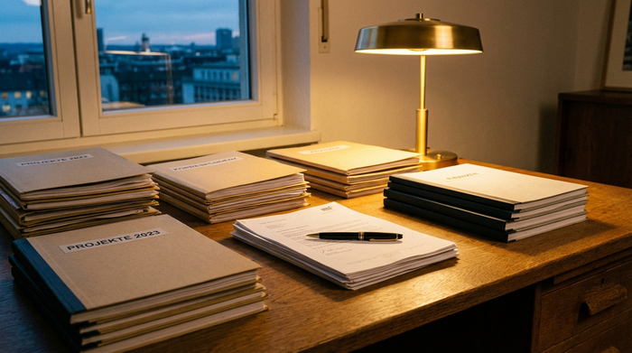 Ein aufgeräumter Holztisch mit ordentlich gestapelten Aktenordnern und Dokumenten. Ein Kugelschreiber liegt bereit. Das warme Licht einer Lampe beleuchtet die Papiere in einer ruhigen Arbeitsatmosphäre.