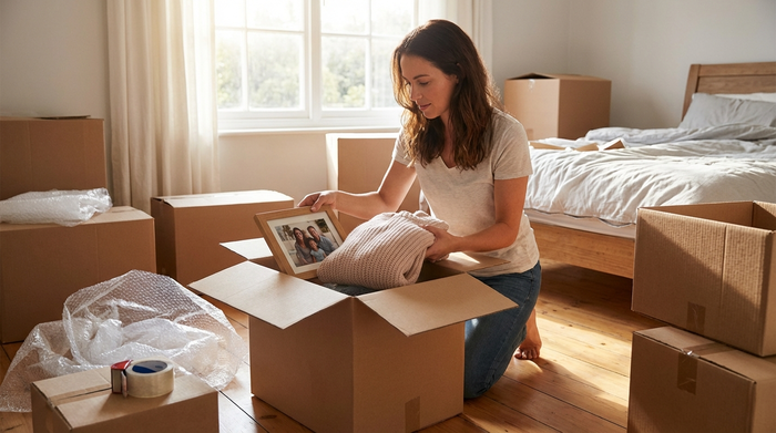 Ein offener Umzugskarton in einem hellen Schlafzimmer. Eine Frau legt behutsam ein gerahmtes Familienfoto und einen weichen, zusammengefalteten Pullover in die Kiste.