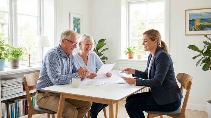 Ein älteres Ehepaar sitzt gemeinsam am Esstisch und betrachtet lächelnd einige Dokumente. Eine professionelle Beraterin sitzt ihnen gegenüber und erklärt freundlich die Details. Helles, aufgeräumtes Ambiente.