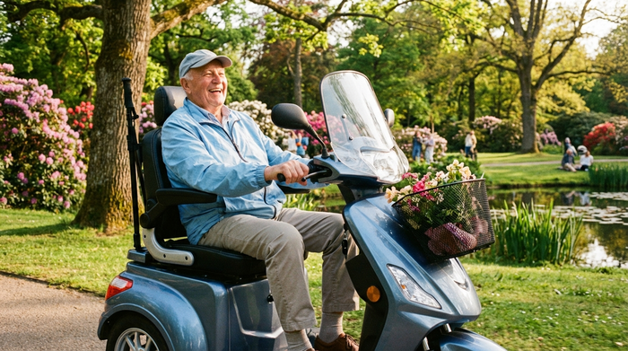 Ein fröhlicher Senior fährt bei sonnigem Wetter mit einem modernen Elektromobil durch einen gepflegten Park. Er trägt eine leichte Jacke und genießt die frische Luft und seine Unabhängigkeit.