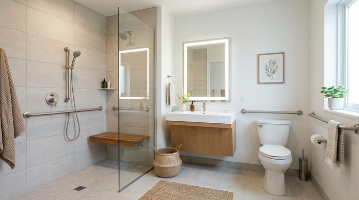 Ein helles, modern eingerichtetes und barrierefreies Badezimmer mit einer bodengleichen Dusche, eleganten Haltegriffen und rutschfesten Fliesen. Sauberes, sicheres und stilvolles Design ohne klinische Atmosphäre.