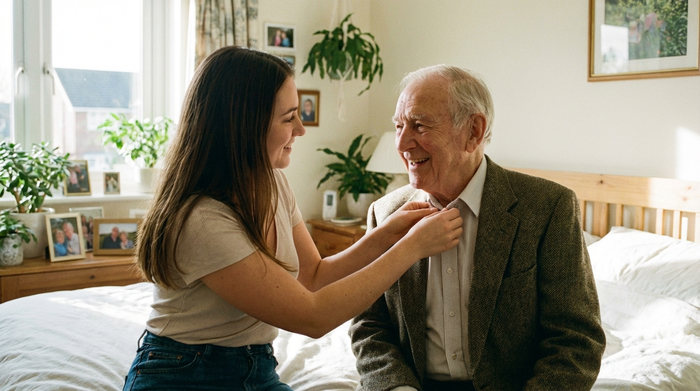 Eine einfühlsame, junge Pflegekraft hilft einem lächelnden älteren Herrn beim Richten des Hemdkragens im hellen Schlafzimmer. Beide wirken vertraut und entspannt.