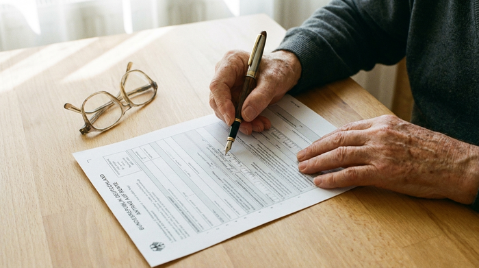 Eine Nahaufnahme von Händen einer älteren Person, die mit einem Stift sorgfältig ein offizielles Formular ausfüllt. Daneben liegt eine Brille auf einem sauberen Holztisch.