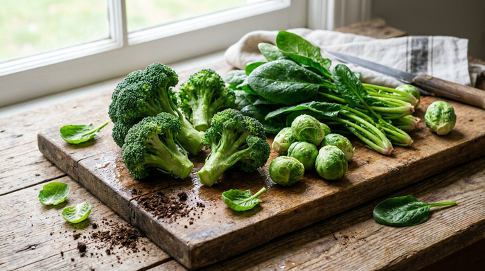 Nahaufnahme von frischem grünem Gemüse auf einem rustikalen Holzbrett, darunter Brokkoli, etwas Spinat und kleine Röschen Rosenkohl. Alles ist appetitlich angerichtet, beleuchtet von weichem Tageslicht, das die frischen grünen Farben hervorhebt.