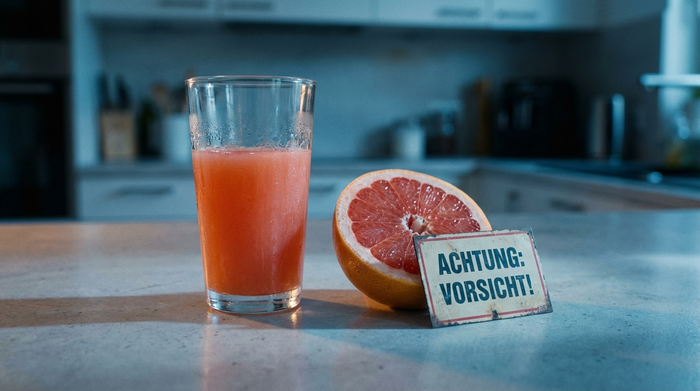 Ein Glas mit frisch gepresstem rosa Grapefruitsaft steht neben einer halbierten Grapefruit auf einer hellen Küchenarbeitsplatte. Die Szene ist in warnendes, leicht kühles Licht getaucht, um Vorsicht zu signalisieren.