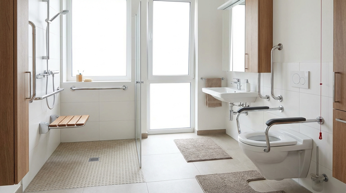 Ein helles, modernes und barrierefreies Badezimmer für Senioren. Eine ebenerdige Dusche mit rutschfesten Bodenfliesen, einem bequemen Duschsitz und stabilen metallischen Haltegriffen an den Wänden. Das Ambiente wirkt extrem sicher und sauber.