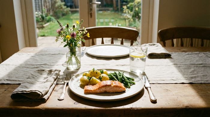 Ein ansprechend gedeckter Esstisch mit einem gesunden Mittagessen auf einem weißen Teller: Ein saftiges Stück Lachs, Salzkartoffeln und eine kleine, abgemessene Portion grüne Bohnen. Ein Glas stilles Wasser steht daneben, warmes Licht fällt durchs Fenster.