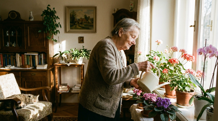 Eine ältere Dame gießt liebevoll blühende Zimmerpflanzen am Fenster, während weiches, sonniges Licht in das gemütlich eingerichtete Wohnzimmer fällt.