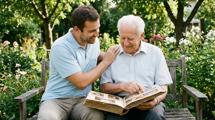 Ein einfühlsamer Pfleger und ein älterer Mann sitzen gemeinsam auf einer Bank in einem grünen Garten und betrachten friedlich ein altes Fotoalbum.