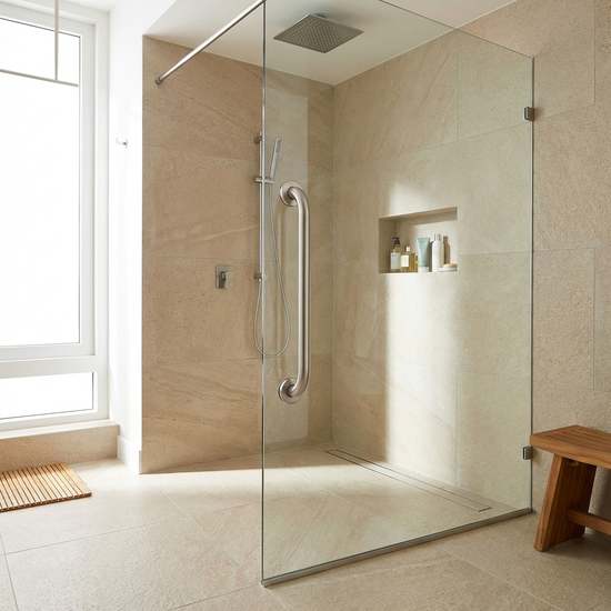 Eine moderne, bodengleiche Dusche in einem hellen, rutschfest gefliesten Badezimmer mit einem eleganten, sicheren Haltegriff an der Wand.