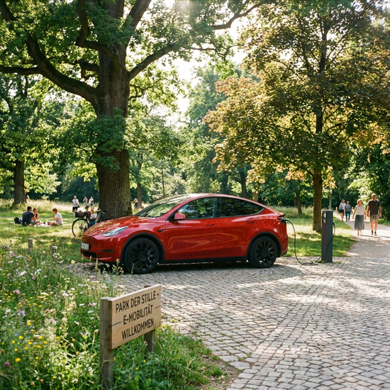 Ein rotes Elektromobil parkt sicher auf einem gepflasterten Weg in einem sonnigen, grünen Park mit großen Bäumen.