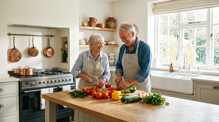 Ein lächelndes Seniorenpaar bereitet gemeinsam in einer hellen, gut ausgestatteten Küche frisches Gemüse für das Mittagessen vor.