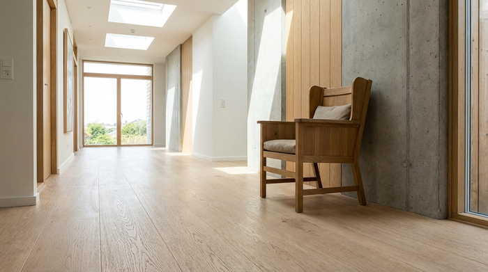 Ein gut beleuchteter, breiter Flur in einem modernen Haus. Der Boden besteht aus hellem, rutschfestem Holz ohne Teppiche oder Schwellen. An der Wand steht ein stabiler Stuhl mit Armlehnen zum sicheren Schuheanziehen.