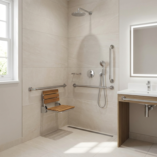 Ein modernes, barrierefreies Badezimmer mit einer großzügigen, bodengleichen Dusche. An den hellen Fliesenwänden sind stabile, verchromte Haltegriffe montiert. Ein klappbarer Duschsitz ist sicher an der Wand befestigt.