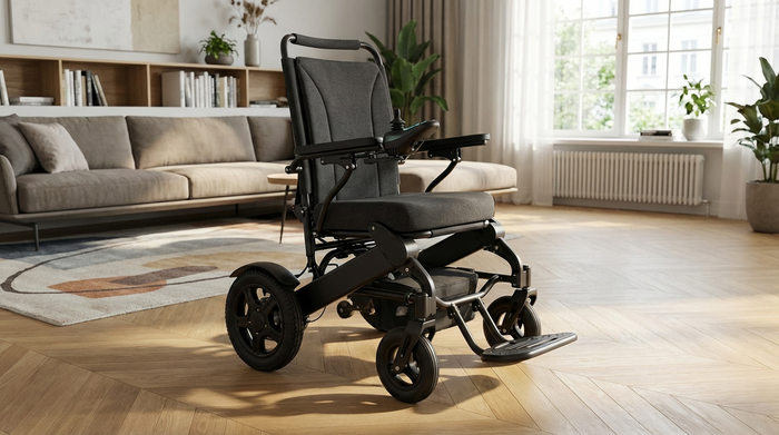 Ein moderner, kompakter Elektrorollstuhl steht in einem geräumigen Wohnzimmer auf glattem Parkettboden. Der Rollstuhl hat bequeme Polster und einen leicht bedienbaren Joystick an der Armlehne.
