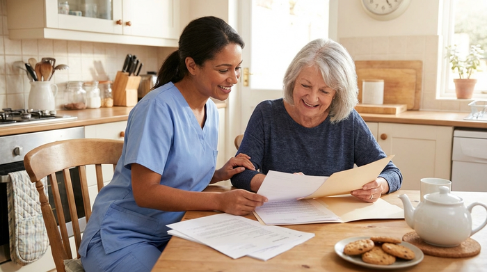 Eine freundliche Pflegekraft in hellblauer Berufskleidung sitzt gemeinsam mit einer älteren Dame an einem Küchentisch. Beide lächeln und betrachten gemeinsam einige Dokumente. Die Atmosphäre ist vertrauensvoll und entspannt.