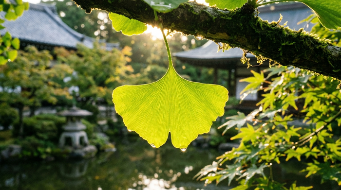 Eine Nahaufnahme eines leuchtend grünen, fächerförmigen Ginkgo-Blattes, das an einem Ast hängt, durchflutet von goldenem Sonnenlicht in einem friedlichen asiatischen Garten.