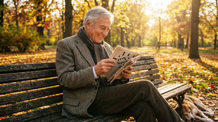 Ein älterer Herr mit grauem Haar sitzt entspannt auf einer Parkbank, lächelt glücklich und löst fokussiert ein Kreuzworträtsel in einem Notizbuch. Warme, sonnige Herbststimmung.