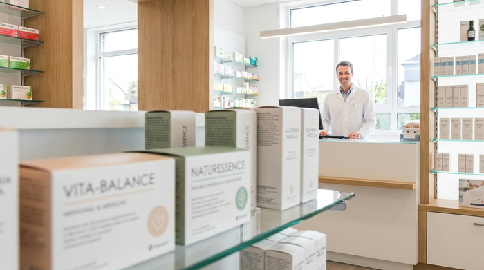 Ein aufgeräumter Tresen in einer modernen, hellen Apotheke. Im Vordergrund liegen hochwertig verpackte Medikamentenschachteln unscharf, im Hintergrund steht eine freundliche Apothekerin im weißen Kittel.