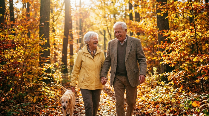 Ein fröhliches älteres Ehepaar spaziert Hand in Hand durch einen herbstlichen Wald, umgeben von buntem Laub und sanftem Sonnenlicht. Sie tragen leichte Jacken und lachen.