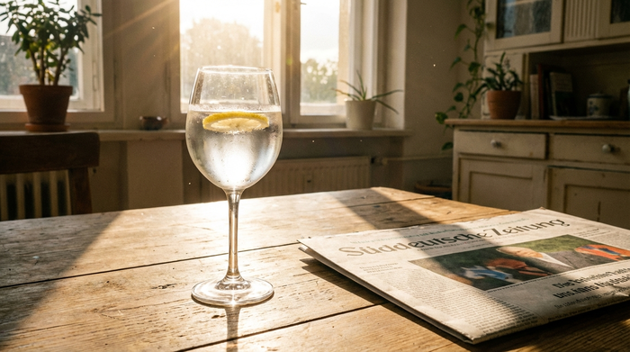 Ein großes Glas frisches Wasser mit einer feinen Zitronenscheibe auf einem rustikalen Holztisch in einem sonnendurchfluteten Raum. Daneben liegt eine aufgeschlagene Tageszeitung.
