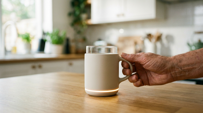 Ein moderner, dezent leuchtender Trinkbecher auf einem sauberen Küchentisch. Eine ältere Hand greift sanft nach dem ergonomischen Henkel des Bechers. Im Hintergrund eine unscharfe, helle Küche.