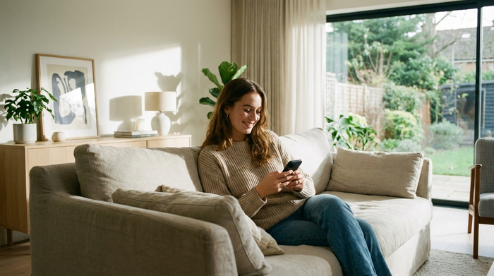 Eine junge Frau sitzt entspannt und lächelnd auf einem gemütlichen Sofa und schaut zufrieden auf ihr Smartphone. Die Umgebung ist ein modernes, hell eingerichtetes Wohnzimmer.
