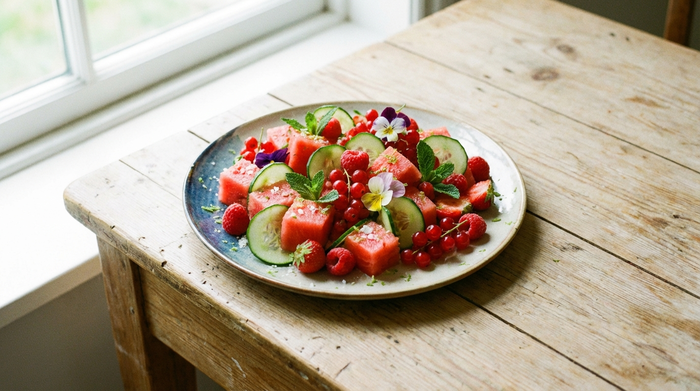 Ein ansprechend angerichteter, bunter Teller mit frischen Wassermelonenstücken, saftigen Gurkenscheiben und roten Beeren auf einem hellen Holztisch, beleuchtet von weichem Tageslicht.