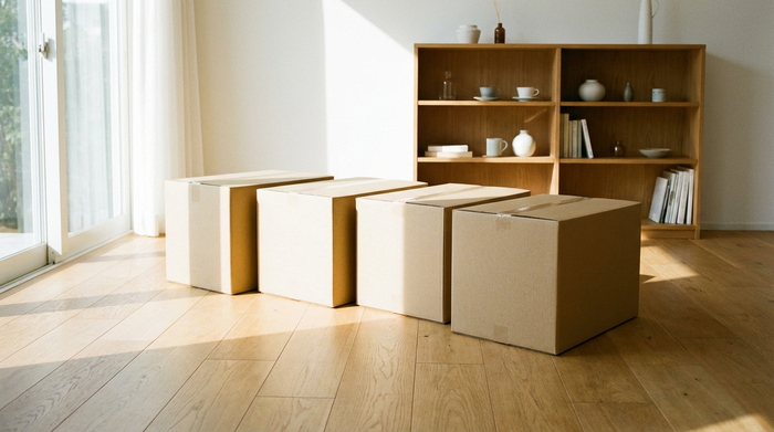 Vier saubere, identische Pappkartons stehen ordentlich nebeneinander auf einem hellen Holzboden in einem sonnigen Raum. Im Hintergrund ist ein aufgeräumtes Regal zu sehen. Minimalistische Szene ohne jegliche Aufschriften.
