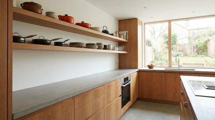 Eine moderne, ergonomisch gestaltete Küche. Töpfe und Teller stehen griffbereit auf mittlerer Höhe in offenen Regalen. Die Arbeitsfläche ist komplett frei und sauber, viel Tageslicht fällt durch das Fenster.