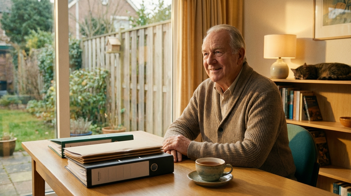 Ein sympathischer älterer Herr sitzt entspannt an einem aufgeräumten Schreibtisch. Vor ihm liegen ordentlich sortierte Dokumentenmappen und eine Tasse Tee. Er blickt zufrieden aus dem Fenster. Warme, ruhige Lichtstimmung.