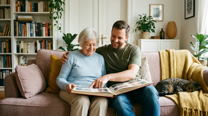 Eine ältere Frau und ihr erwachsener Sohn sitzen gemütlich auf einem bequemen Sofa und betrachten lächelnd ein aufgeschlagenes Fotoalbum. Entspannte, liebevolle Stimmung in einem aufgeräumten, freundlichen Wohnzimmer.