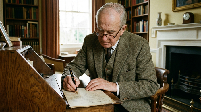 Ein älterer Herr mit Lesebrille sitzt konzentriert an einem Schreibtisch und hält einen eleganten Füllfederhalter in der Hand, bereit ein Dokument zu unterzeichnen. Realistisches, klares Setting in einem gut beleuchteten Arbeitszimmer.