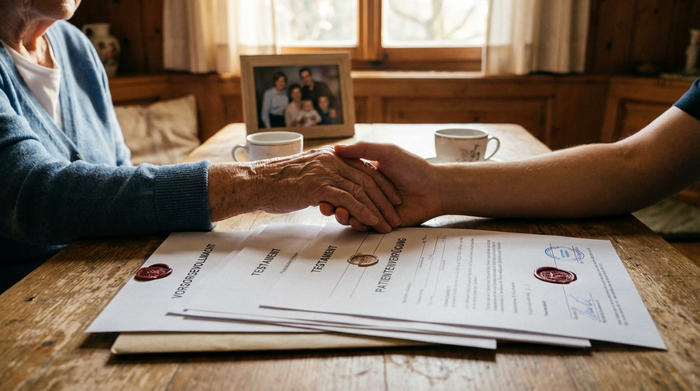 Zwei Hände, eine jung, eine alt, halten sich tröstend über einem Stapel offizieller Dokumente auf einem Holztisch. Die Szene strahlt familiären Zusammenhalt und rechtliche Vorsorge aus, weiches und warmes Licht.
