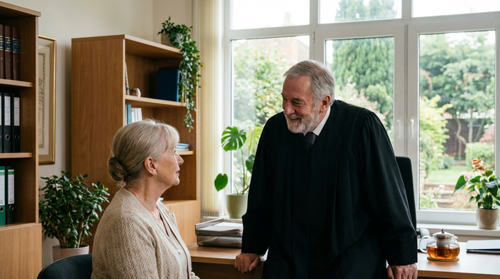 Ein freundlicher Richter in formeller Kleidung sitzt im Gespräch mit einer älteren Dame in einem hellen, freundlichen Büro. Vertrauensvolle, ruhige und professionelle Stimmung.