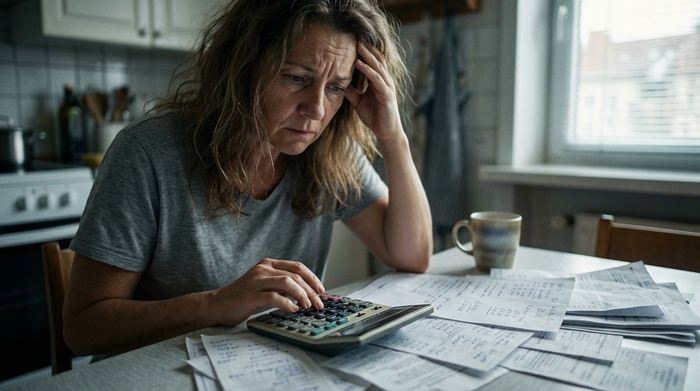 Eine gestresste Person mittleren Alters blickt besorgt auf einen Taschenrechner und Papiere auf dem Küchentisch. Im Hintergrund steht eine verschwommene Kaffeetasse. Die Szene verdeutlicht finanzielle Sorgen und Anspannung.