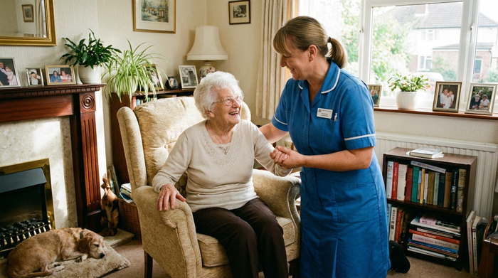 Eine fröhliche ältere Frau wird von einer freundlichen Pflegekraft in ihrem eigenen, gemütlichen Wohnzimmer liebevoll unterstützt. Beide lächeln sich an, eine sehr entspannte und sichere häusliche Atmosphäre.