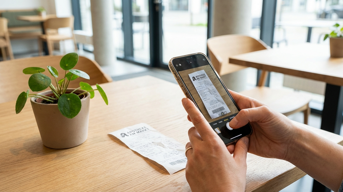 Nahaufnahme von Händen, die mit einem Smartphone einen Kassenbon aus der Apotheke fotografieren. Der Bon liegt auf einem sauberen Holztisch neben einer kleinen Pflanze. Helle, moderne Umgebung.