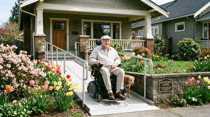 Ein älterer Herr im Rollstuhl fährt entspannt über eine barrierefreie Rampe an seinem gepflegten Haus. Frühlingshaftes Wetter, grüne Pflanzen im Vorgarten. Die Szene strahlt Selbstständigkeit und Sicherheit aus.